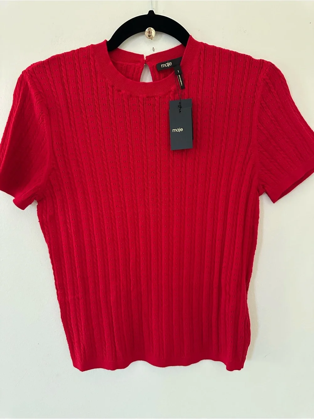NWT MAJE round neck jumper red cable-knit and pointelle short sleeves size S